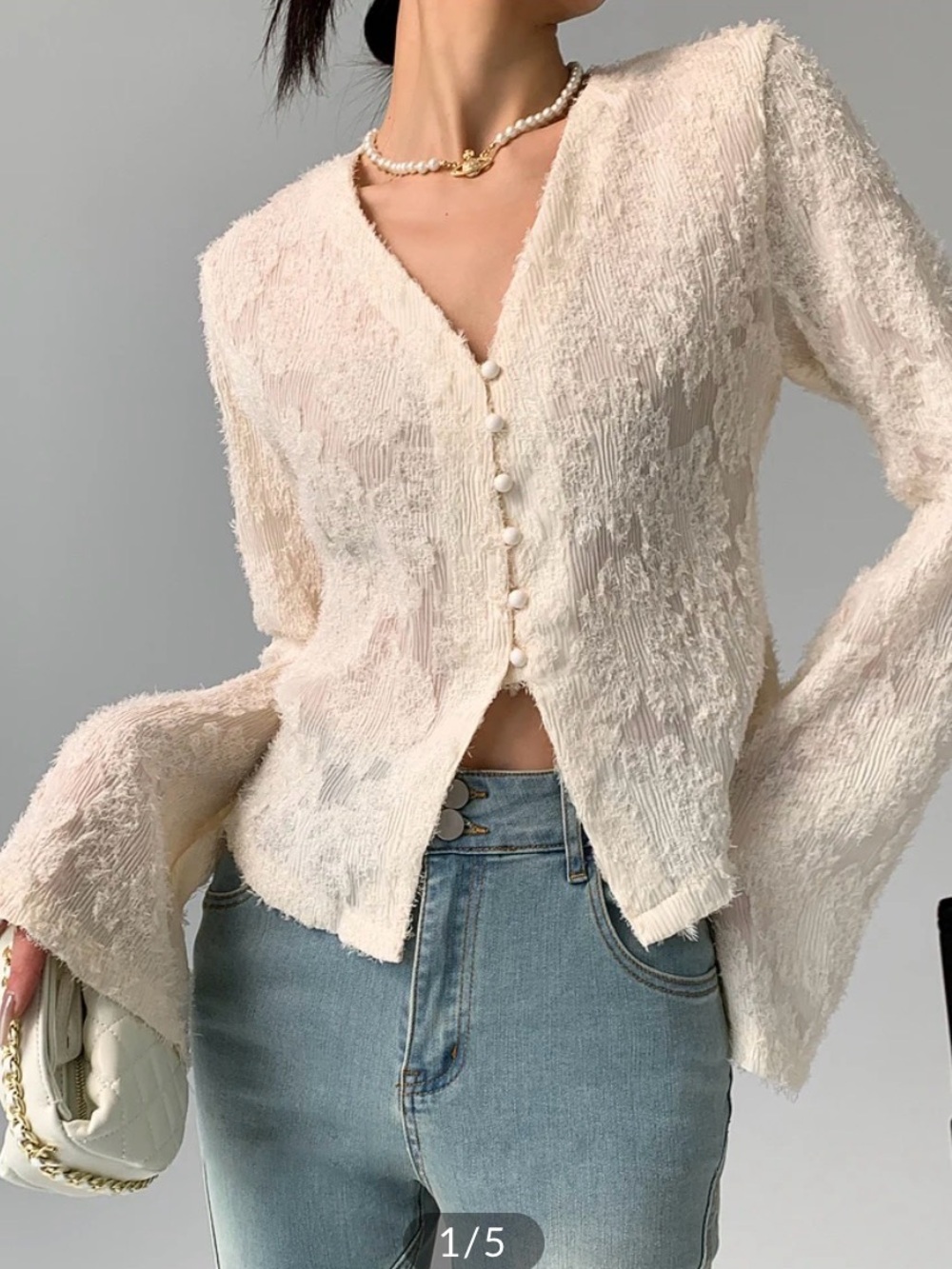 Commense Semi - Sheer V neck Ruffle long sleeve blouse